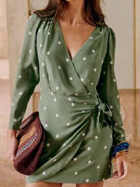 Sezane 100% Silk Size 40/ 8 US Robe Dress Courte Noemia Ecru Khaki Polka Dot